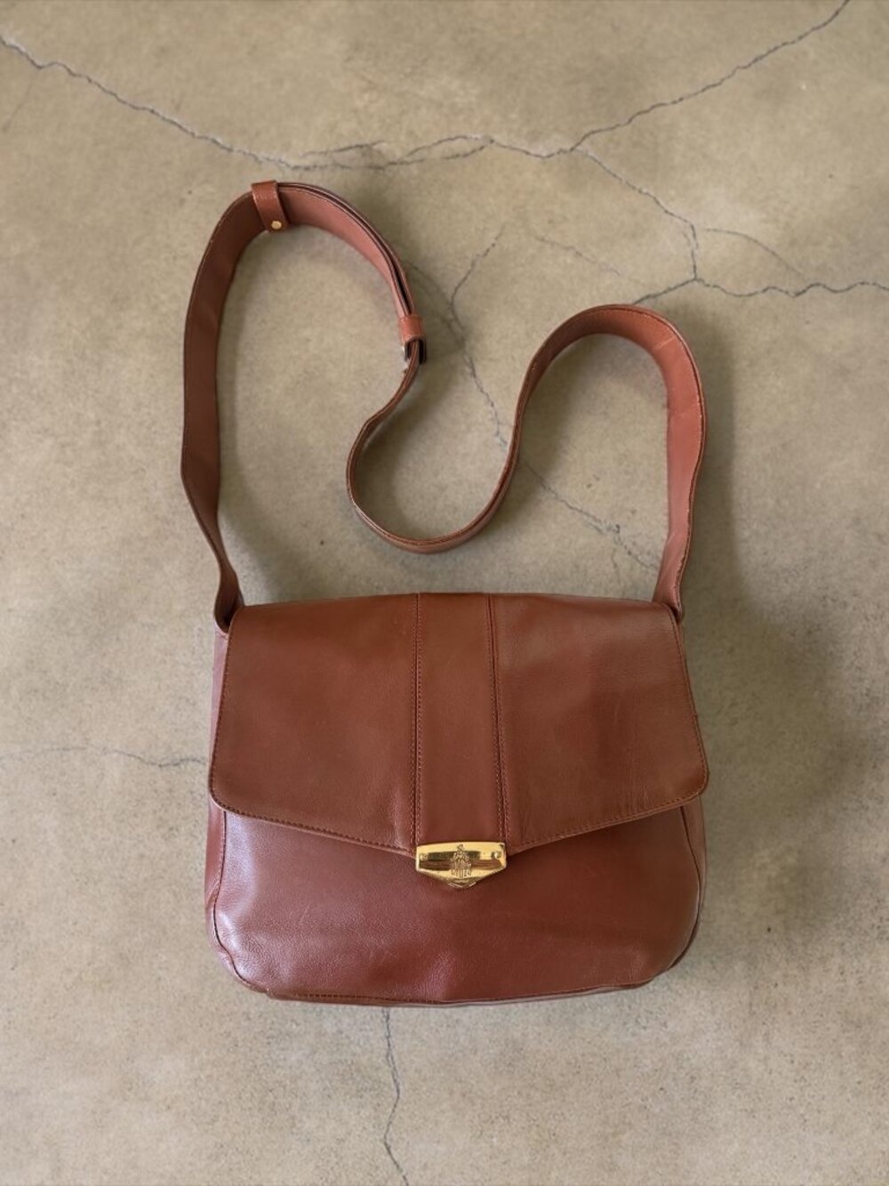 Vintage Mark Cross Cognac Brown Leather Flap Crossbody Bag